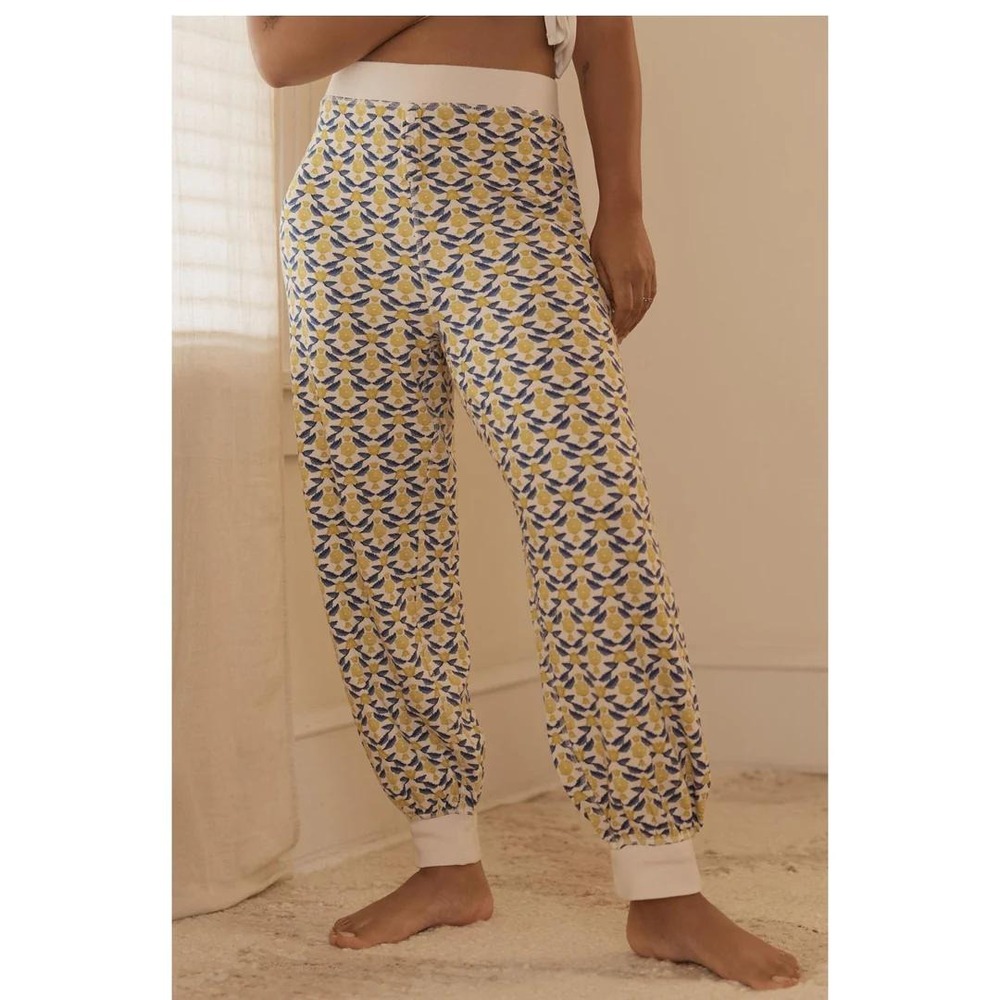 Anthropologie Joggers Women M White‎ Yellow Blue Waffle Knit Floral Loungewear